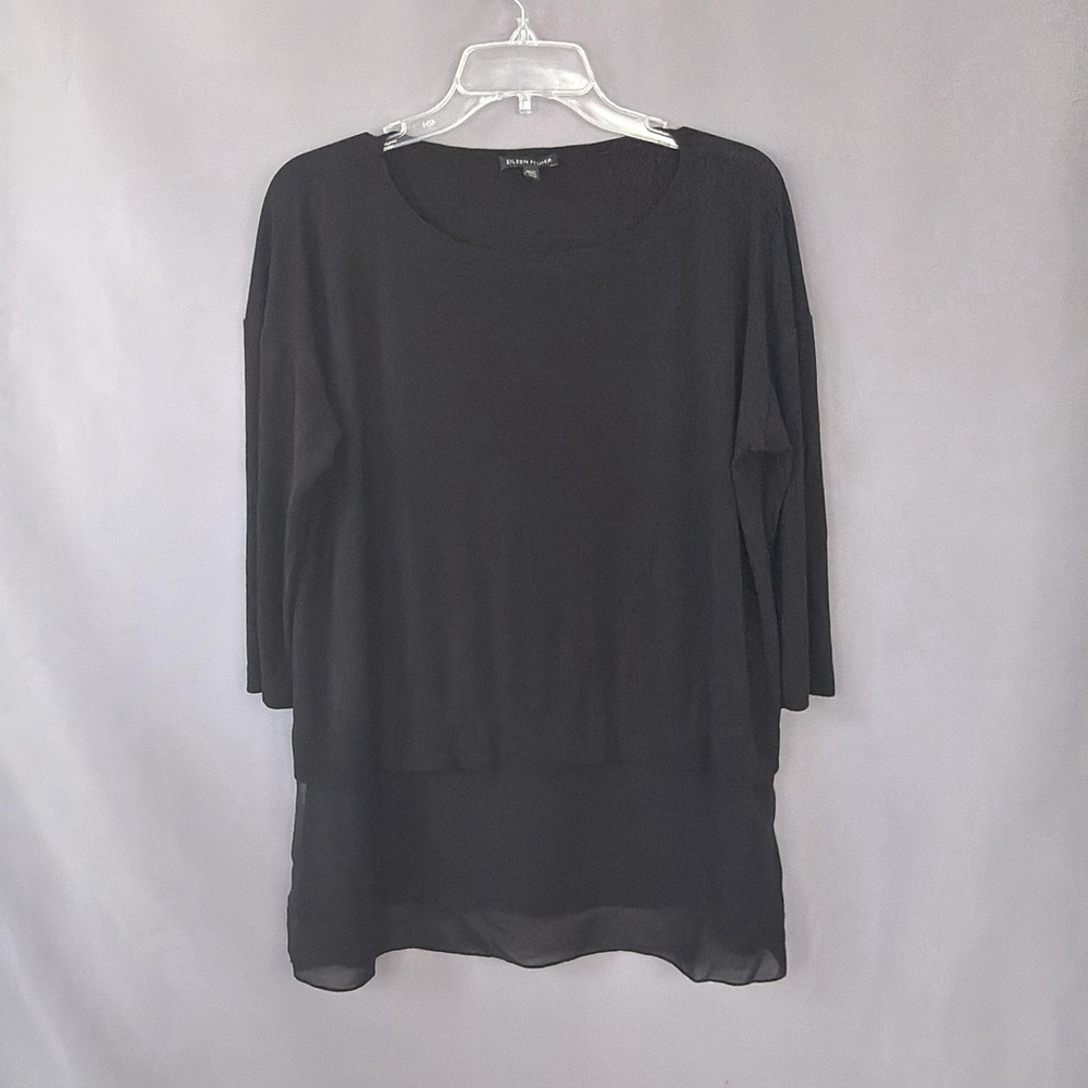 Eileen Fisher Top Womens Medium Black Silk Chiffon Tunic‎ Basic Minimalist